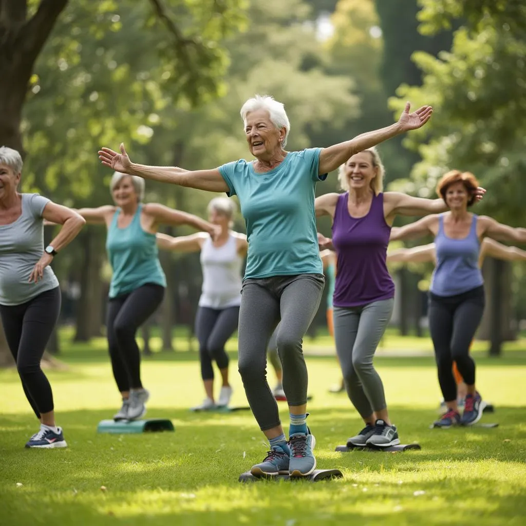 Grupo de personas de 40+ haciendo ejercicio ligero al aire libre
